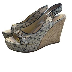 Louis Vuitton Cream and Blue Wedge Sandals Size 39 1/2